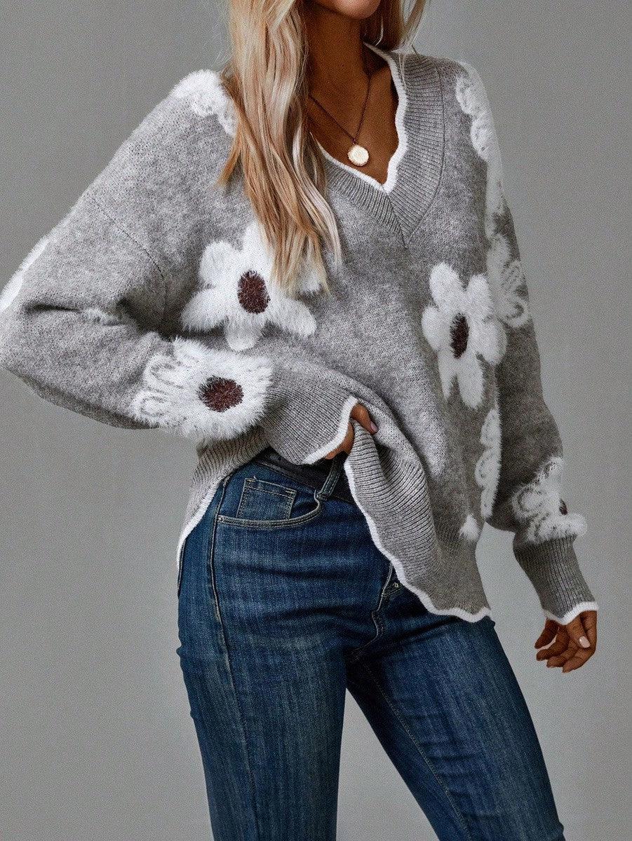 THEA | ELEGANT V-NECK FLORAL SWEATER